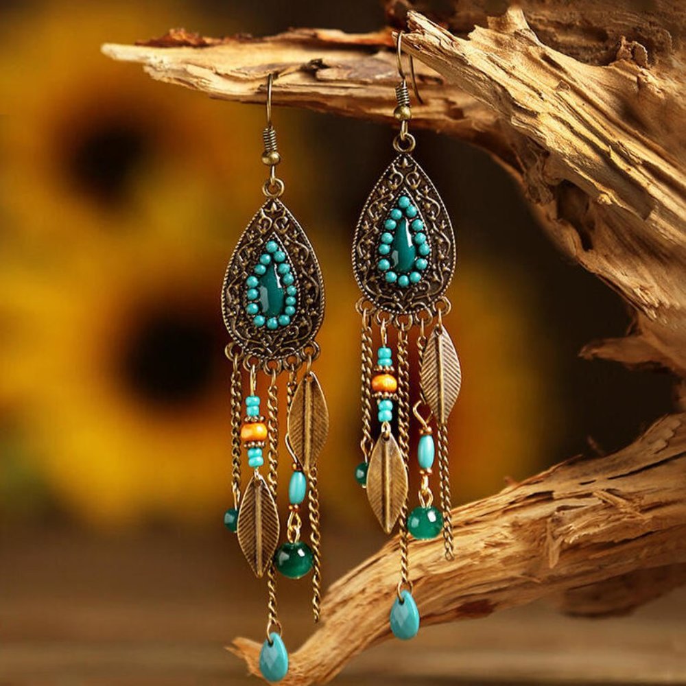 Vintage Leaf Bead Tassel Water-Drop Shaped Earring